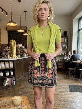 THML Embroidered Mini Skirt Boho Floral A-Line Summer Festival Faux Suede